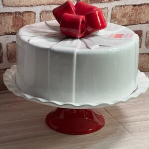 VTG NOS Made In Portugal Destinos Ceramic Ribbons And Bows Pedestal Cake Plate